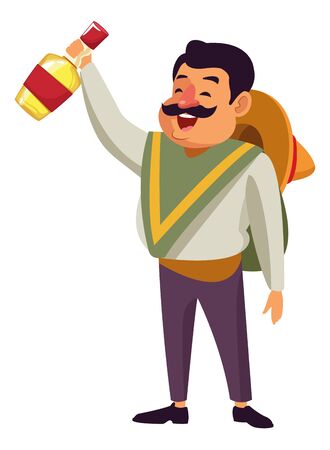 mexican food and tradicional culture with a mariachis man with mexican hat, moustache and tequila bottle avatar cartoon character portrait vector illustration graphic designのイラスト素材