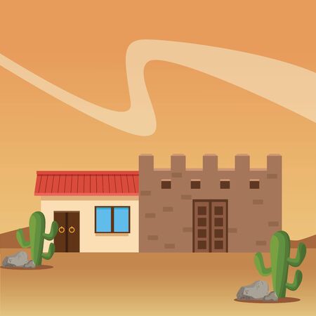 mexican traditional culture with traditional mexican house building and mexican castle icon cartoon in the desert over the sand with cactus vector illustration graphic designのイラスト素材