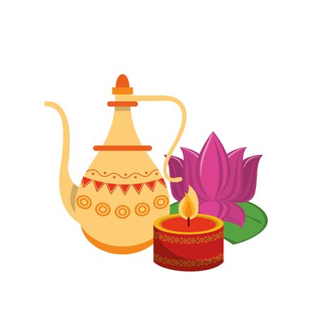 Indian lotus flowers and decorative porcelain jars with leaves isolated vector illustration graphic designのイラスト素材