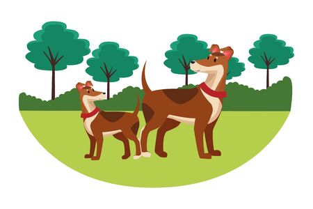 domestic animals and pet with dog and puppy over the grass, shruberry with trees icon cartoon vector illustration graphic designのイラスト素材