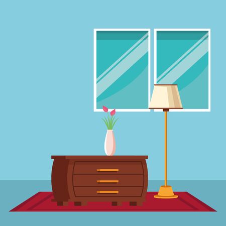 furniture house interior with chest of drawers and floor lamp over carpet indoor with window colorful background icon cartoon vector illustration graphic designのイラスト素材