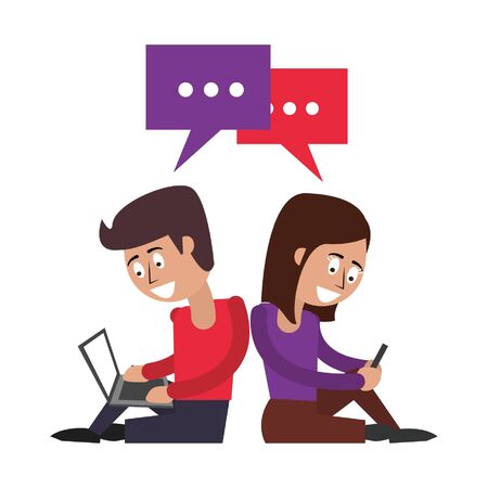 couple with cellphone and laptop and speech bubble icon cartoon vector illustration graphic designのイラスト素材