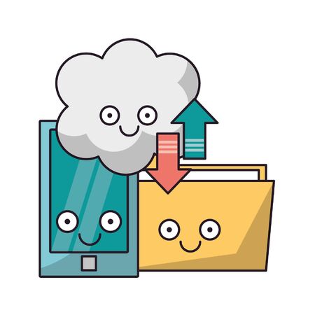 Folder and smartphone with cloud computing smiling cartoons vector illustration graphic design Moon cloud and raining drop vector illustration graphic designのイラスト素材