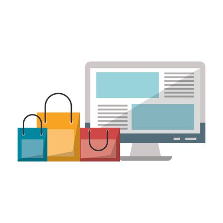 Computer screen internet browsing with shopping bags vector illustration graphic designのイラスト素材
