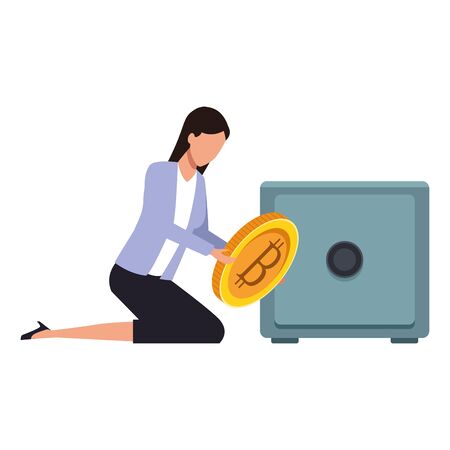 businesswoman with cryptocurrency safe deposit box icon cartoon vector illustration graphic designのイラスト素材