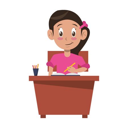Student girl with books and pencils on desk cartoon vector illustration graphic designのイラスト素材