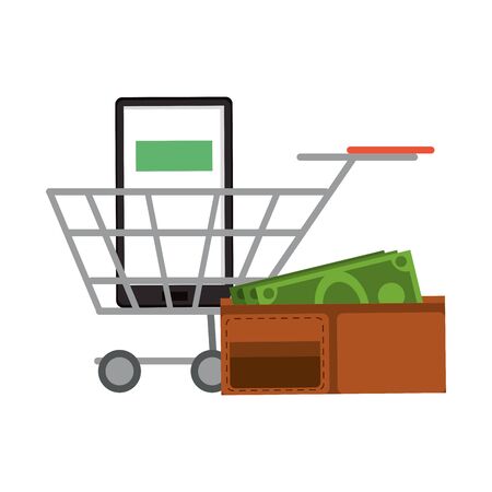 Online shopping and sales cart with smartphone and wallet with money symbols vector illustration graphic designのイラスト素材