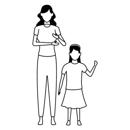 woman with child avatar cartoon character black and white vector illustration graphic designのイラスト素材