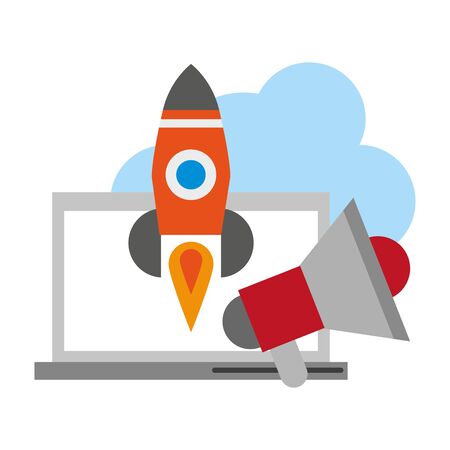 computer with megaphone and rocket icon cartoon vector illustration graphic designのイラスト素材
