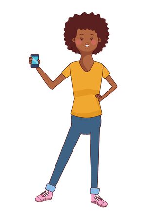 beautiful young african american black woman using smartphone device cartoon vector illustration graphic designのイラスト素材