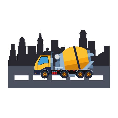 Construction vehicle cement truck in the city scenery vector illustration graphic designのイラスト素材