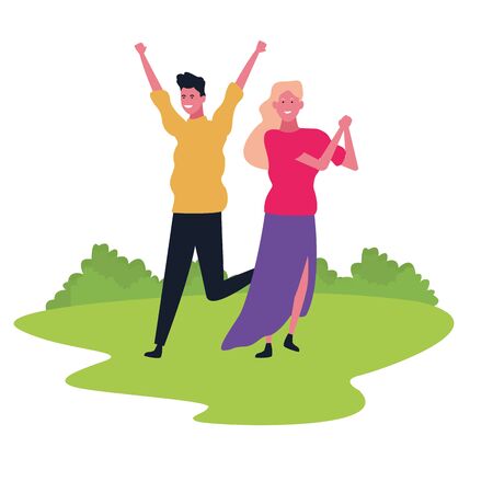 Couple woman and man dancing and having fun cartoon in park outdoors scenery vector illustration graphic designのイラスト素材