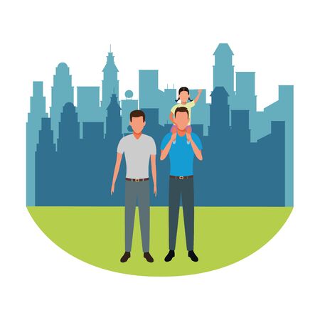 men with child avatar cartoon character cityscape skyscraper vector illustration graphic designのイラスト素材
