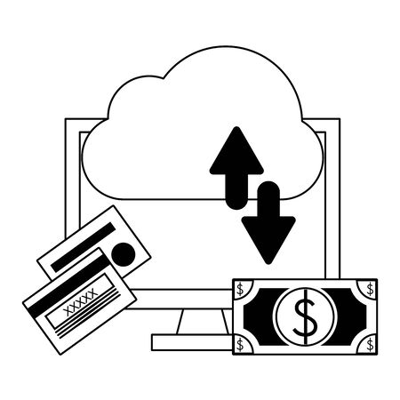 Online business and money cloud computing credit card and cash vector illustration graphic designのイラスト素材