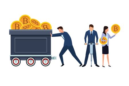 business people holding cryptocurrency bitcoin mining cart and drill vector illustration graphic designのイラスト素材