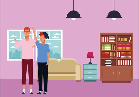 men avatar cartoon character hand up wearing hat and glasses  inside home apartment vector illustration graphic designのイラスト素材