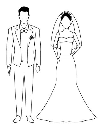 groom and bride avatar cartoon character black and white vector illustration graphic designのイラスト素材