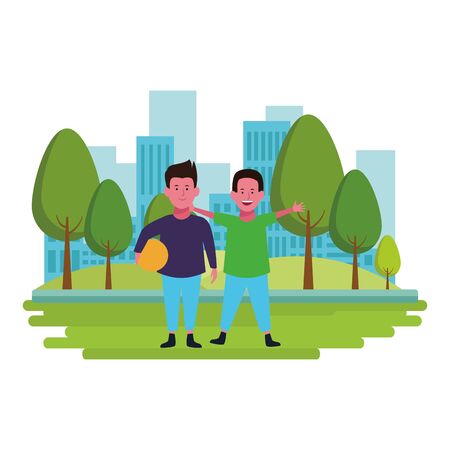 Two kids boys with ball smiling cartoons in the city park urban scenery vector illustration graphicdesignのイラスト素材