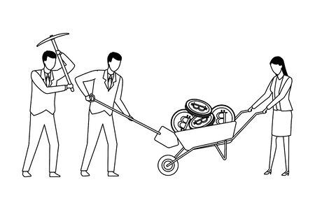 business people holding cryptocurrency bitcoin wheelbarrow and shovel black and white vector illustration graphic designのイラスト素材