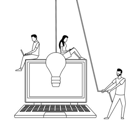 Coworkers seated on laptop with big idea and ropes teamwork cartoon vector illustration graphic designのイラスト素材