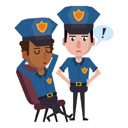 two policemen working afroamerican policeman is sleeping avatar cartoon character vector illustration graphic designのイラスト素材