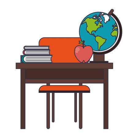 Education and school supplies desk with world globe and apple cartoons vector illustration graphic designのイラスト素材