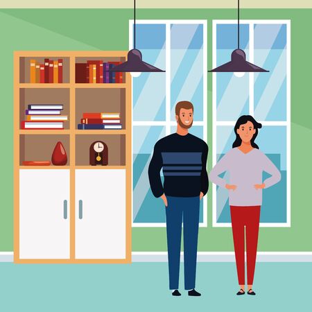 couple avatar cartoon character bearded man and dark haired girl indoor in house background vector illustration graphic designのイラスト素材