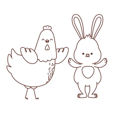 Happy  farm animals hen white bunny easter season drawing black and white outline vector illustration graphic designのイラスト素材