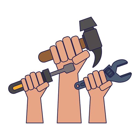 Hands holding various tools hammer monkey wrench and screwdriver industry vector illustration graphic desingのイラスト素材