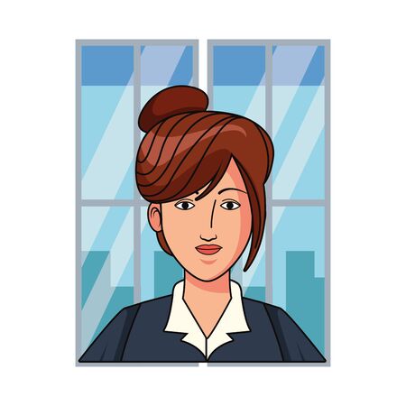 businesswoman avatar cartoon character portrait with a window behind with a cityscape silhouette vector illustration graphic designのイラスト素材