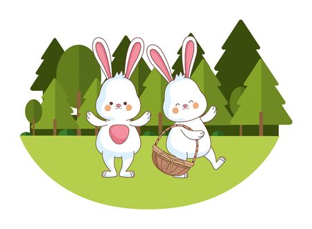 Happy farm animals white bunny pair holding basket easter season drawing  on grass with trees scenery vector illustration graphic designのイラスト素材
