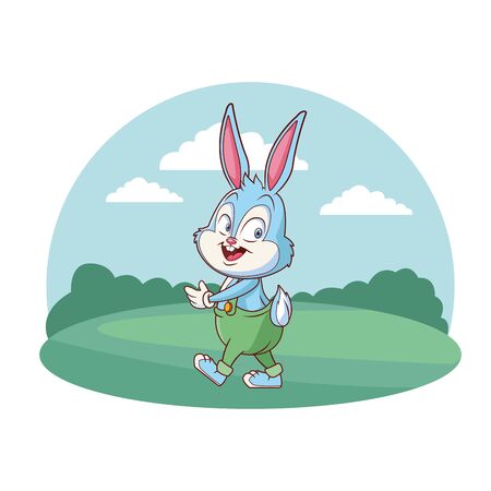 Cute easter bunny celebration with overalls alking happy  nature background round frame vector illustration graphic designのイラスト素材