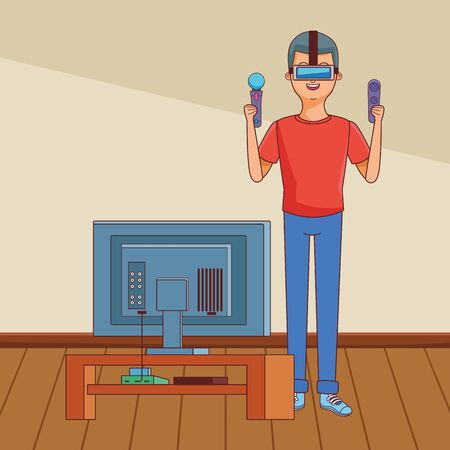 video game scene young man playing in front tv virtual reallity cartoon  inside home with furniture scenery vector illustration graphic designのイラスト素材