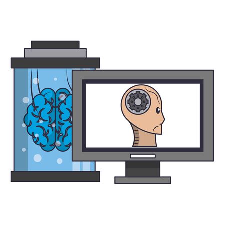 artificial intelligence concept with computer and brain into maintenance cylinder icon cartoon vector illustration graphic designのイラスト素材