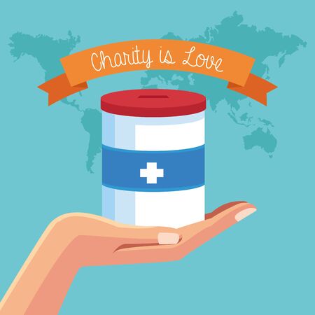 Charity is love ribbon banner world map background with cartoon vector illustration graphic designのイラスト素材