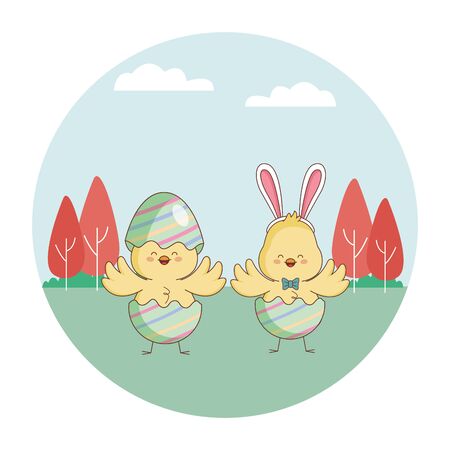 Happy farm animals hen chicks pair wearing eggshell easter season drawing  on grass with trees round icon scenery vector illustration graphic designのイラスト素材