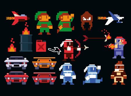 Retro videogame  arcade action adventure racing characters and assets collection vector illustration graphic designのイラスト素材