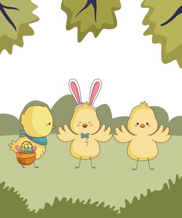 Happy farm animals chicks group carrying wicker basket carrying wicker basket easter season drawing  on grass with trees round icon scenery vector illustration graphic designのイラスト素材