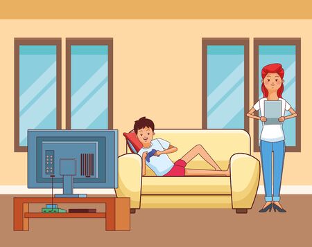 Millennial people gaming party guy sitting on couch playing holding controller tablet user with tv screen vector illustration graphic designのイラスト素材
