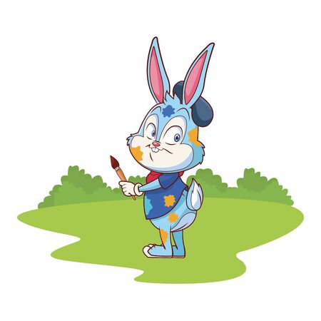Cute easter bunny celebration artist painter with beret  nature background bushes vector illustration graphic designのイラスト素材