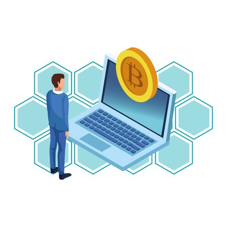 businessman with cryptocurrency and laptop icon cartoon pop art electronic concept background vector illustration graphic designのイラスト素材