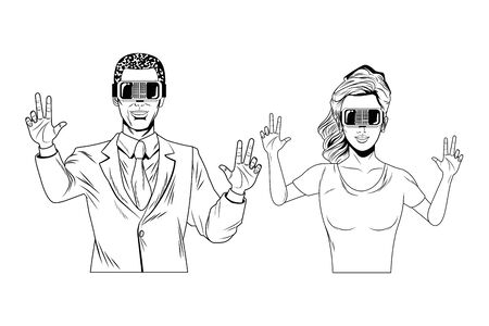 couple wearing virtual reality headset avatar cartoon character black and white vector illustration graphic designのイラスト素材