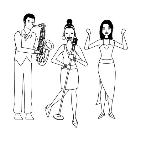 musician playing saxophone singing and dancing avatar cartoon character black and white vector illustration graphic designのイラスト素材