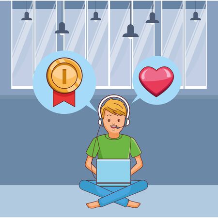 video game scene young man playing with laptop using earpod cartoon  inside home with furniture scenery vector illustration graphic designのイラスト素材