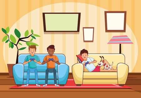 video game scene young men friends playing on couch with little pet doggy dog cartoon  inside home with furniture scenery vector illustration graphic designのイラスト素材