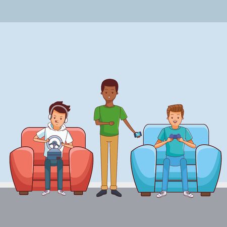 Millennial people gaming party guy sitting on couch playing holding controller vector illustration graphic designのイラスト素材