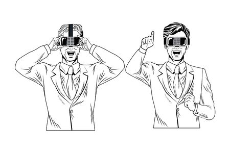 men with virtual reality headset avatar cartoon character black and white vector illustration graphic designのイラスト素材