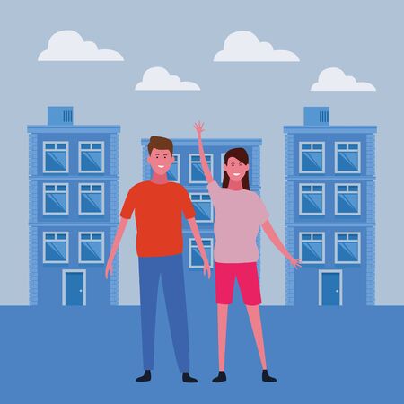 Couple boyfriend and girlfriend smiling cartoon at city urban scenery vector illustration graphic designのイラスト素材