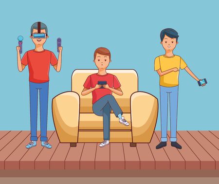Millennial people gaming party guy sitting on couch playing holding controller using smartphone vector illustration graphic designのイラスト素材