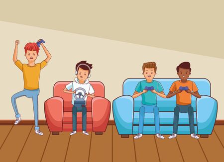 video game scene young men friends playing on couch cartoon  inside home with furniture scenery vector illustration graphic designのイラスト素材